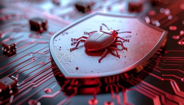 Digital Shield Against Threats: This image unveils a symbolic representation of cyber security with a protective shield guarding against a computer bug, symbolizing digital threats.