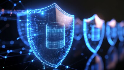 Cyber Shield: A glowing digital shield, symbolizing data protection and cybersecurity, shines amidst a dark backdrop, representing the vital safeguarding of information in the digital age.