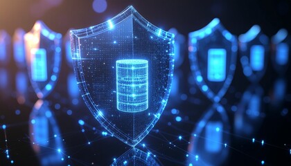 Digital Shield: A visual representation of data security, with glowing shields safeguarding a central database, suggesting protection and integrity in the digital realm.