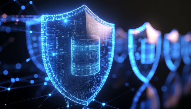Cyber Shield: A glowing digital shield, symbolizing data protection and cybersecurity, shines amidst a dark backdrop, representing the vital safeguarding of information in the digital age.