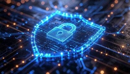 Digital Fortress: An illuminated digital shield adorned with a secure padlock. This image encapsulates the critical essence of cybersecurity, reflecting the shield's design and digital connections.