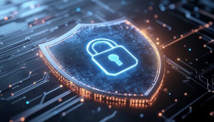 Cyber Security Shield: Illustrating protection and safety with a glowing shield and padlock icon on an integrated circuit board, a symbol of secure digital network and online protection.