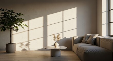 Minimalist Interior with Sunlight - A bright, minimalist interior featuring a couch, table, plant, and sunlight streaming through a window