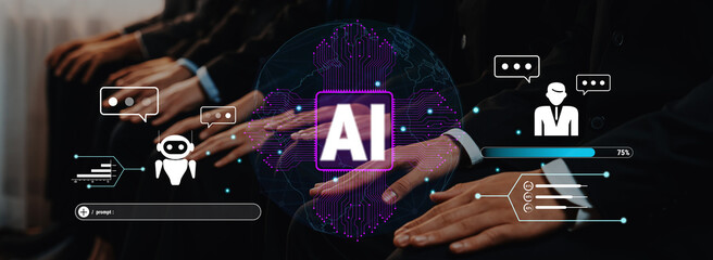 This image illustrates the concept of artificial intelligence in business, showcasing hands, chat bubbles, and technological elements to emphasize interaction and innovation. Trope