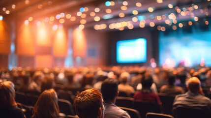 Blurred image of stage with rear view of audience in the conference hall or seminar meeting business and education about investment concept : Generative AI. High quality