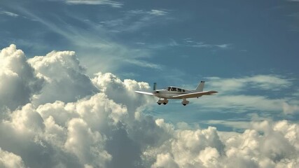 A white single-engine propeller airplane flies in a blue sky filled with puffy white cumulus and wispy cirrus clouds - Powered by Adobe