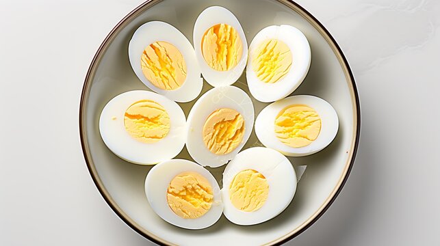 A top view of halved cooked eggs arranged in a ceramic bowl on a white surface