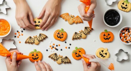Halloween Cookie Creation: A close-up scene of hands meticulously decorating festive Halloween cookies, each a small work of art, with intricate icing and playful sprinkles.