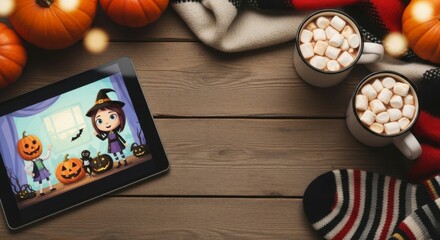 Cozy Halloween Composition: Capturing the warmth and whimsy of Halloween with festive elements arranged on rustic wooden boards and hot cocoa.