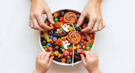 A Bowl of Halloween Candy: A top-down shot of a diverse array of Halloween treats fills a festive bowl, with a child and adult's hands reaching in to grab some sugary delight.