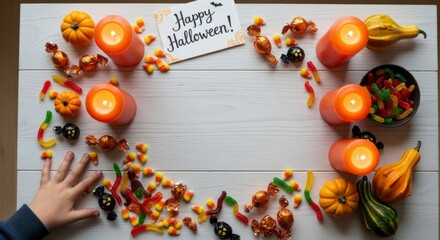 Halloween Festive Arrangement: A top-down view of a festive Halloween arrangement featuring illuminated candles, sweets, and various festive ornaments creates a cozy and celebratory atmosphere.