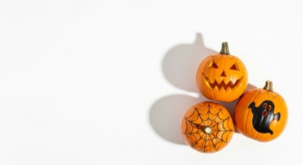 Halloween Pumpkin Trio: Three artfully crafted pumpkins with distinct jack-o'-lantern, spiderweb, and ghost designs cast long shadows, evoking the spirit of the spooky holiday season.