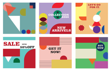 Print Mid-Century Modern, Geometric Shapes, Color Blocking, Social Media Banners, E-commerce Graphics, Abstract Composition, Memphis Style, Bauhaus Aesthetic, Flash Sale, New Arrivals, Vector Layouts,