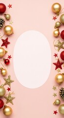 Festive Christmas Ornaments: A vibrant arrangement of gold and red ornaments, including baubles, stars, and pinecones, adorns a light pink canvas, perfectly capturing the spirit of the holiday season.