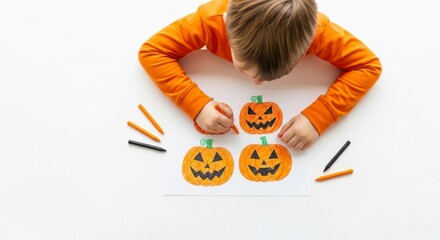 A Child's Artistic Halloween: A young child engrossed in creating a festive artwork featuring jack-o'-lanterns, using crayons to bring their imaginative Halloween vision to life.