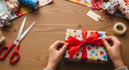 The Art of Gifting: Hands skillfully tie a vibrant red bow around a beautifully wrapped present, surrounded by the tools and materials of the craft, creating an atmosphere of anticipation and joy.