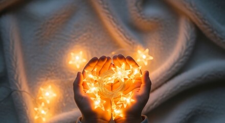 Celestial Embrace: Two hands delicately cradle a constellation of warm, glowing lights, evoking a sense of wonder, enchantment, and magic.
