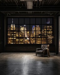 Cityscape view from modern loft apartment at night offers cozy urban living ambience