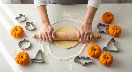 Baking Halloween Delights: A person rolls out dough on a lightly floured surface, surrounded by cheerful pumpkins and festive cookie cutters, promising a batch of spooky-themed treats.