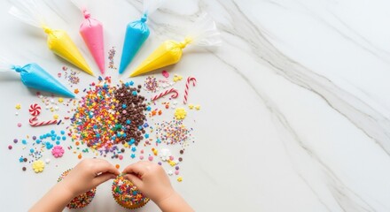 Confectionery Creation: A top-down view of a vibrant scene as hands decorate with a colorful assortment of sprinkles, sugar, and colorful icings.