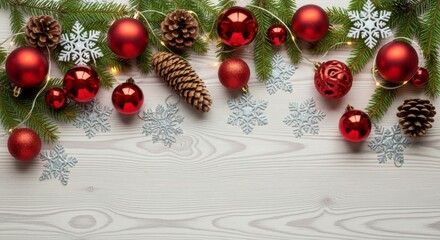 Festive Adornments: A charming display of Christmas ornaments and evergreen branches, creating a warm, inviting scene of holiday cheer. 