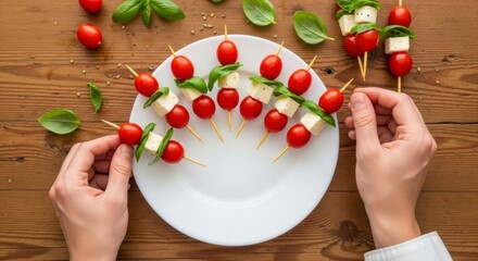 Culinary Delights: Caprese Skewers in Focus: A top-down shot showcases an appetizing arrangement of Caprese skewers, a culinary delight. The scene captures the artistry of Italian cuisine.