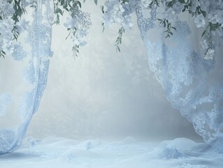 Serene stage with delicate blue lace curtains and floral accents, evoking a tranquil and ethereal atmosphere