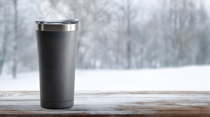 Steaming travel tumbler on snowy winter table