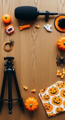 Halloween-themed Arrangement: A top-down shot showcases a creative layout of Halloween decorations, including pumpkins, spiders, candy corn, a mini microphone, and a folded napkin.