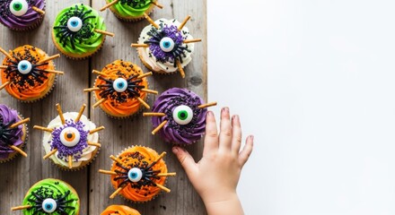 Eye-Catching Delight: A whimsical arrangement of creatively decorated cupcakes adorned with edible eyes and playful elements, capturing a moment of innocent curiosity, inviting a sense of wonder.