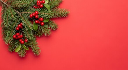 Festive sprig on a red backdrop: A vibrant sprig of evergreen boughs, adorned with bright red berries, gracefully rests against a striking red backdrop.