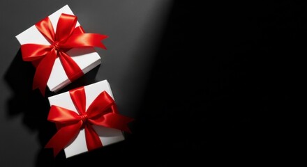 Elegant Gifts: Two pristine gift boxes, adorned with vibrant red ribbons, lie serenely, casting gentle shadows that enhance their elegance. The image speaks of thoughtfulness and celebration.