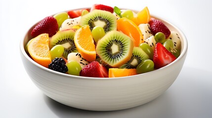 A ceramic bowl filled with a variety of fresh and colorful mixed fruits salad dish