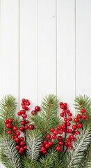 Festive Christmas Arrangement: A vibrant Christmas arrangement featuring lush green fir branches adorned with bright red berries, against a neutral backdrop