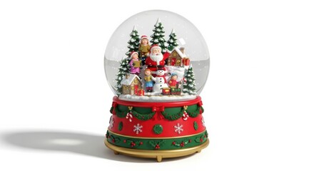 Enchanting snow globe scene: A magical snow globe encapsulates a charming miniature Christmas scene, with Santa Claus and playful figures amidst snow-dusted trees and cozy buildings. 