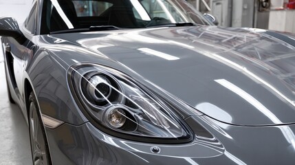 Fototapeta premium Sleek, grey sports car hood and headlight closeup, glossy reflections visible