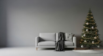 Serene Holiday Home: An inviting living room exudes the spirit of the season, showcasing a minimalist Christmas tree and a cozy sofa adorned with a soft throw, bathed in gentle light.