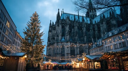 Fototapeta premium Festive Christmas Market at Dusk with Cathedral Backdrop, Holiday Season in European City