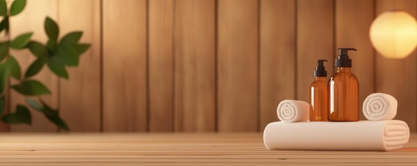 Wellness meditation detox concept. Spa setting with towels and bottles on a wooden shelf, creating a calming atmosphere.