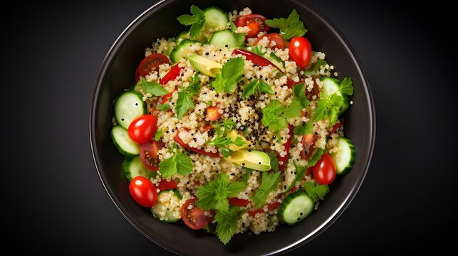 A bowl of quinoa salad with tomatoes cucumbers avocado and fresh green herbs viewed from above