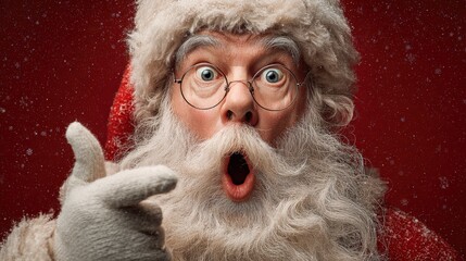 Surprised Christmas Figure with White Beard and Eyeglasses Against a Red Background for Holiday Season