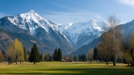 A picturesque golf course with a lush green lawn, snow-capped mountains in the background, and a clear blue sky above.