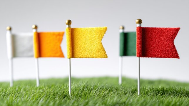 Four colorful flags on a grassy field, with a white background and a green grassy area in the foreground.