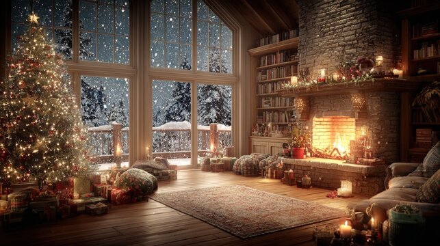 Cozy Christmas Living Room with Decorated Tree, Fireplace, and Snowy Window View at Night - Powered by Adobe