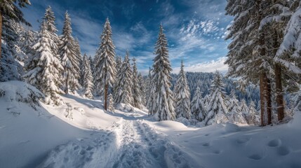 Obraz premium Snowy Winter Forest Path: Serene Landscape with Evergreen Trees and Blue Sky, Perfect for Holiday Themes