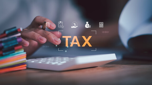 business person using calculator with tax and finance icons, representing income calculation, tax refund, financial management, accounting analysis during the annual tax season for corporate planning