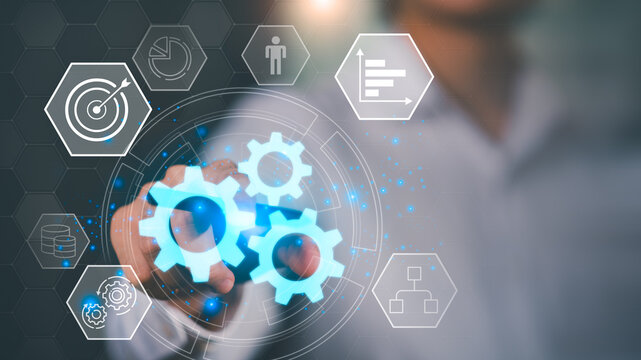 Concept of workflow automation and digital process management, highlighting innovation, system integration, performance improvement, and data-driven strategy for corporate transformation.