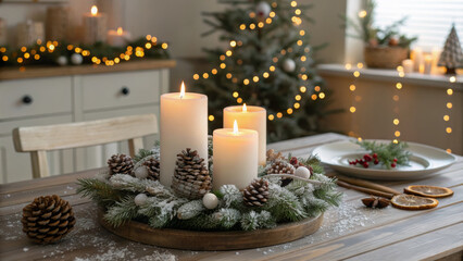 Cozy candle dinner christmas new year party festive wreath pinecone glow