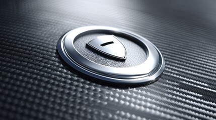 A sleek, metallic car logo with a shield emblem on a carbon fiber background.