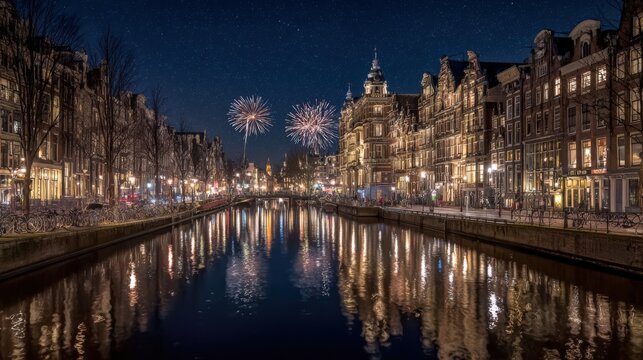 Picturesque Amsterdam Canal at Night with Fireworks Display, Reflecting Lights on the Water, Creating a Festive Urban Scene